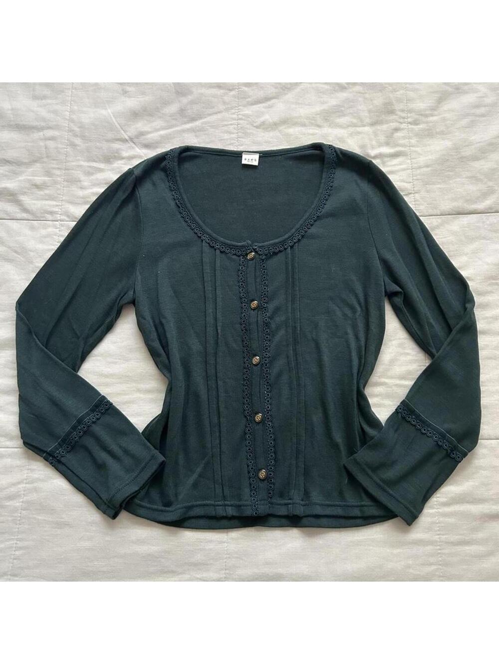 Axes Femme Dark Green Blue Button Front Lace Trim Long Sleeve Top Medium